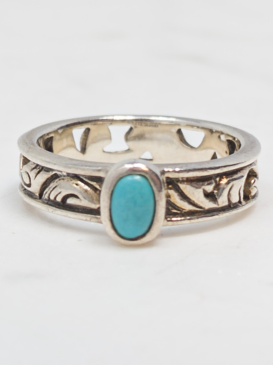 Studio Barse Jewelry - Barse 925 Sterling Silver Turquoise Scroll Ring, Sz 7.75, Handmade Thailand
